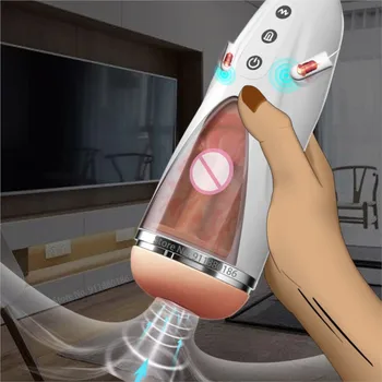 Автоматическая чашка мужского мастурбатора с 10 вибрационными движениями и облизыванием языком 3D Реалистичная вагинальная текстура Оральные секс-игрушки для мужчин