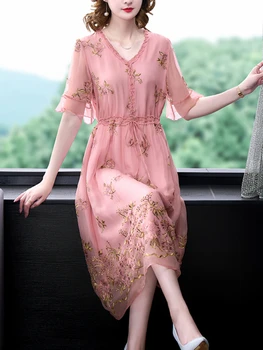 Женское модное Розовое шелковое платье Миди с цветочной вышивкой, летнее Легкое Элегантное вечернее платье в стиле бохо, Vestidos 2023, Корейское облегающее вечернее платье