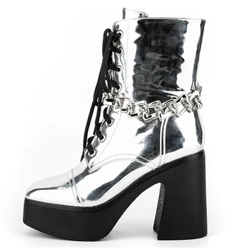 Металлические ботинки с перекрестной шнуровкой на молнии, женские ботильоны на высоком массивном каблуке с квадратным носком, модные туфли в стиле панк, Обувь на платформе с цепочкой