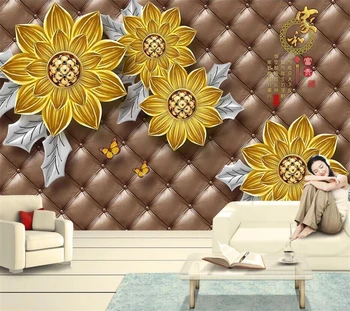 обои wellyu на заказ Европейский 3d объемный золотой цветок, мягкая сумка, украшения, ТВ-фон, декор для спальни