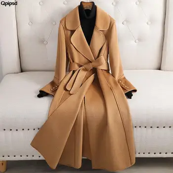 Лоскутное Длинное двустороннее 100% шерстяное пальто женское 2023 весна осень тонкая элегантная куртка Корейская Мода casaco feminino
