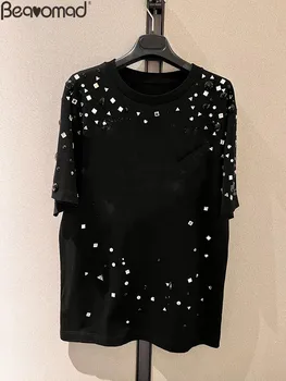 Bearomad Высококачественная Дизайнерская Модная Летняя Винтажная футболка Черного цвета с бриллиантами, Топы, Женская Прямая футболка с коротким рукавом