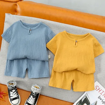 Короткие Комплекты одежды для маленьких девочек, летняя хлопковая футболка для маленьких мальчиков + шорты, льняная детская одежда, костюмы от 0 до 5 лет