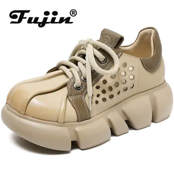 Fujin Natural Натуральная кожа 5 см 2023 Женские босоножки на танкетке с открытой платформой, массивные кроссовки, Мокасины на шнуровке, модная обувь на плоской подошве