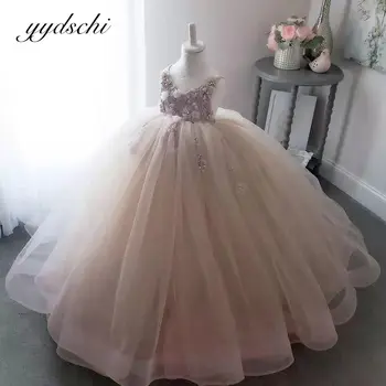 Элегантное бальное платье для девочки в цветочек на свадьбу 2023 Принцесса на тонких бретельках Тюлевые аппликации из бисера Детские платья для первого причастия