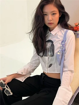 Y2k Уличная одежда, укороченные рубашки, Корейские рубашки Для женщин, 2023 Новые модные топы с длинным рукавом и белым принтом, приталенная Весенняя одежда