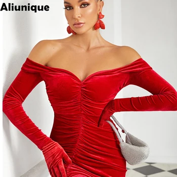 2023 Весеннее модное Элегантное красное вечернее платье для женщин с открытыми плечами, V-образным вырезом, длинным рукавом, высокой талией, разрезом, гофрированием, Длинная клубная одежда для вечеринок