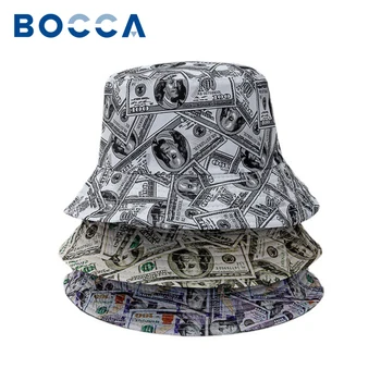 Bocca Dollar Print Bucket Hat USD Money Панама Рыбацкие Шляпы Мужчины Женщины Унисекс Двусторонний Реверсивный Боб Вводная Часть Femme Лето