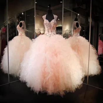 Angelsbridep Тюлевое бальное платье Пышные платья с пышными рукавами Аппликации Кристаллы Sweet 16 Платьев Vestido 15 Anos