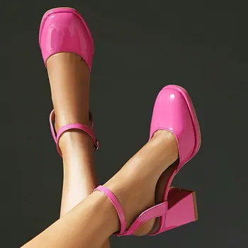 Из лакированной искусственной кожи, ярко-розовый, белый, с закрытым носком, женские пикантные туфли-лодочки Mary Janes на высоком массивном каблуке, дизайнерские босоножки