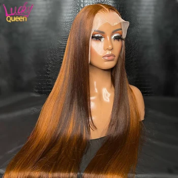 Коричнево-оранжевый Прямой Прозрачный парик из человеческих волос 13X6 на шнурке Спереди, предварительно выщипанный Гладкий парик цвета Омбре 13X4 спереди для женщин